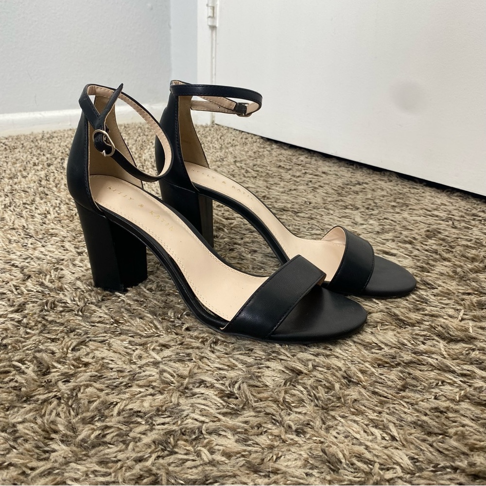 Women’s black faux leather open toe heels size 9.5